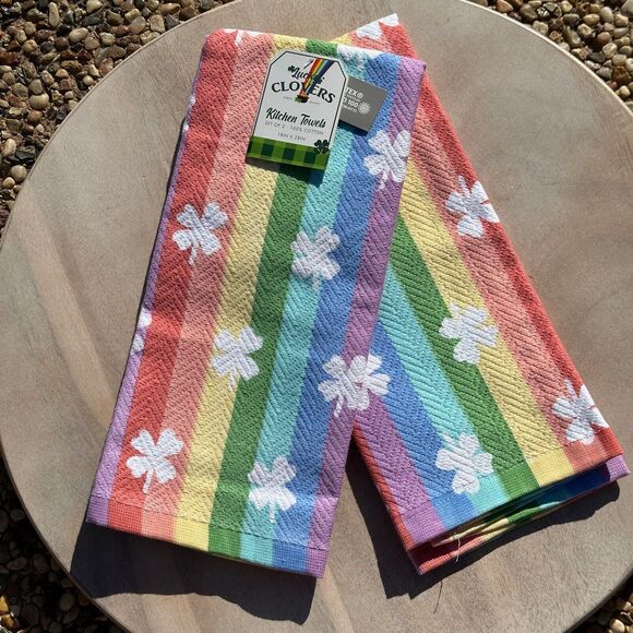 Lucky Clover Set of 2 Kitchen Towels Rainbow Saint Patricks Day Clover Towels - Picture 5 of 6